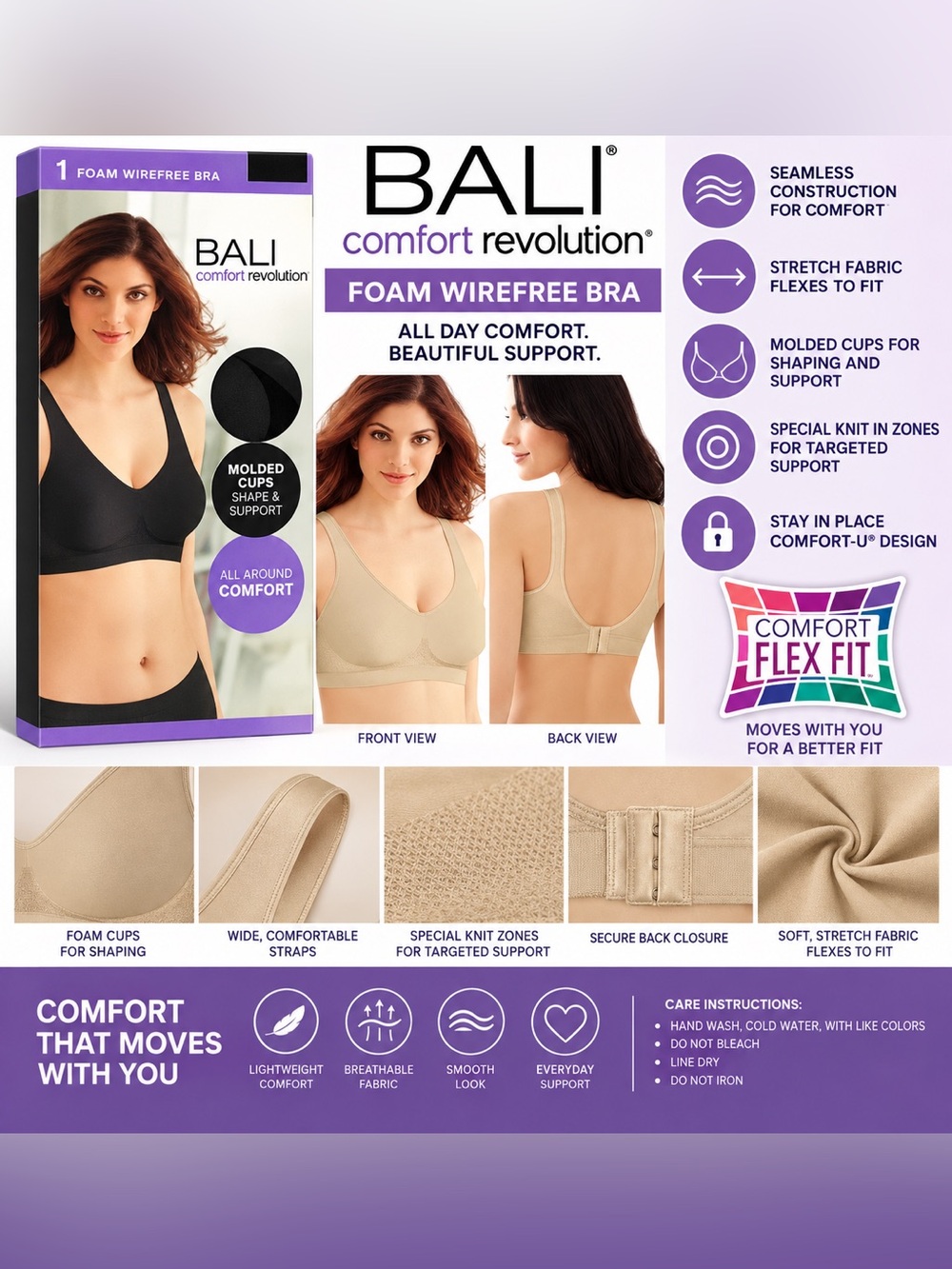 BALI COMFORT FOAM WIREFREE BRA – NUDE FITS 32B,32C,32D,34B (NEW WITH TAGS) A32